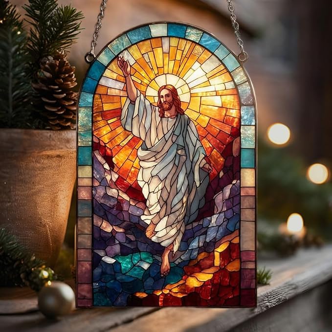 Radiant Mosaic Jesus Christ Acrylic Suncatcher Stained Glass Effect Window Car Hanging Christmas Ornament Indoor Outdoor Decor Garden Sun Catcher Panel for Women Mom Grandma