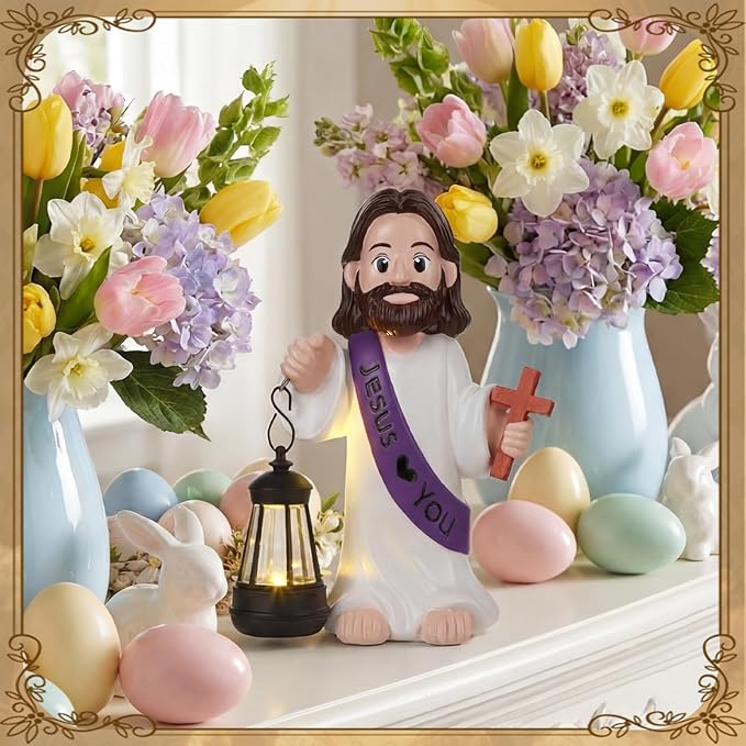 Capoda Solar Jesus Figurine 8 Inch, He is Risen Easter Statue with Glowing Lantern, Jesus Loves You Christian Resin Outdoor Garden Statue Decor, Religious Easter Gifts (Cross,Purple)