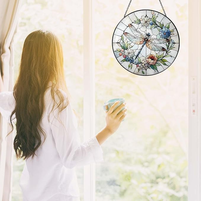 Dragonfly Suncatcher for Window, 7.8” Stained Glass Sun Catcher Hanging Decor, Dragonfly Gifts for Women, Colorful Indoor Window Hanging Ornament for Home Garden Housewarming