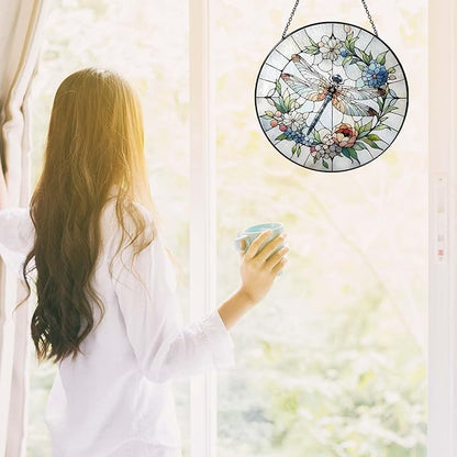 Dragonfly Suncatcher for Window, 7.8” Stained Glass Sun Catcher Hanging Decor, Dragonfly Gifts for Women, Colorful Indoor Window Hanging Ornament for Home Garden Housewarming
