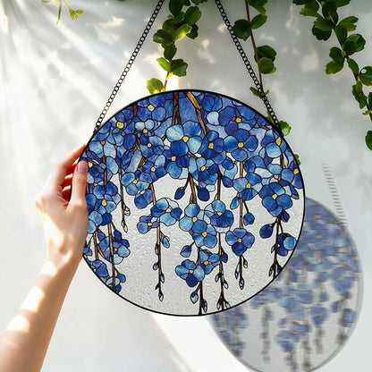Stained Glass Window Hanging, 8 Inch Forget Me Not Flower Suncatcher, Sun Catchers Indoor Window, Blue Floral Suncatchers for Windows Hanging, Spring Home Garden Decor Panel Gifts for Mom Grandma Wife