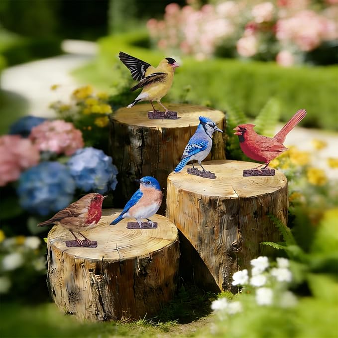 5PCS Vivid Metal Birds Fence Decor, Double-Sided Printed Garden Sculptures, Outdoor Bird Wall Decor, 2D Yard Art, Garden Bird Decoration for Patio, Balcony, Lawn, Bird Lovers