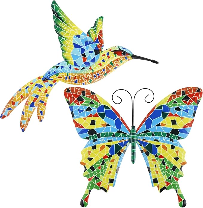 YLMFTNU 2Pcs Metal Wall Decor, Outdoor Wall Art Decor, 3D Hummingbird Wall, Art Hanging Wall, Colorful Garden Birds Sculpture, Wall Art Decorations for Bedroom Patio Yard 26x22cm