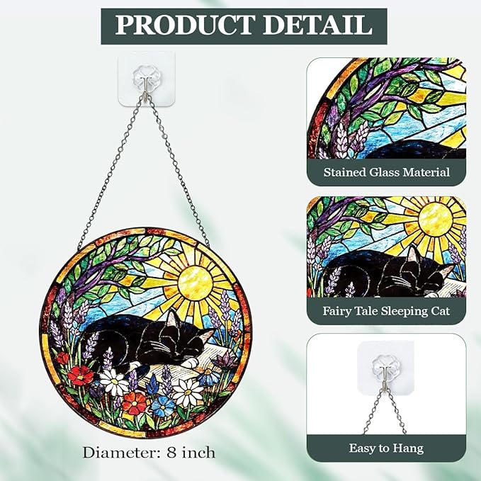 Stained Glass Window Hanging – Cat & Book Lover Gifts for Women Men, Sleeping Cat Suncatcher, Glass Ornament for Reading Room Home Garden Decor, Christmas Mother's Day Birthday Gifts, 8 Inch