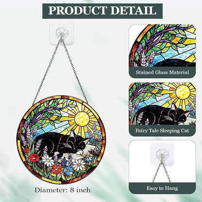 Stained Glass Window Hanging – Cat & Book Lover Gifts for Women Men, Sleeping Cat Suncatcher, Glass Ornament for Reading Room Home Garden Decor, Christmas Mother's Day Birthday Gifts, 8 Inch