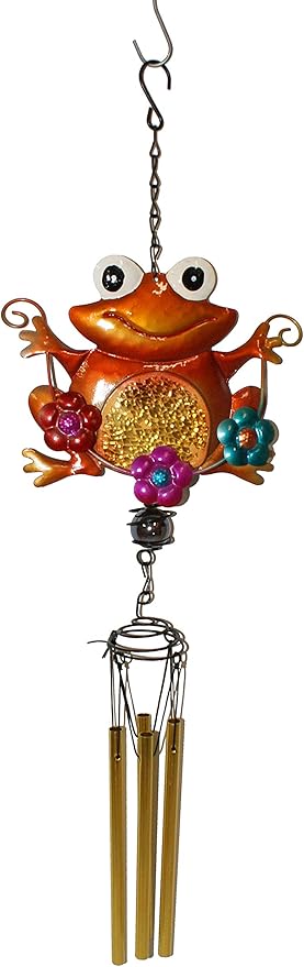 Orange Frog with Colorful Flowers Metal and Glass Windchime