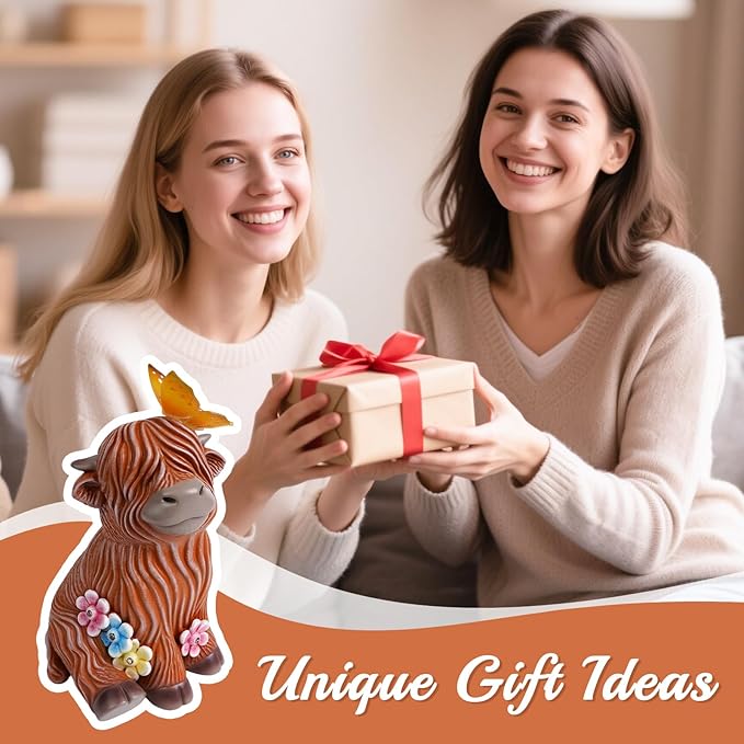 Highland Cow Garden Statue with Butterfly - Outdoor Decor for Yard, Patio & Lawn - Cute Cattle Figurine, Whimsical Backyard Ornament & Art, Unique Gifts for Grandma, Mom & Cow Lovers