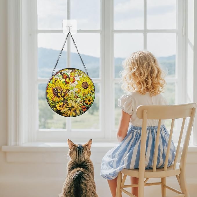 Suncatcher Stained Glass Window Hanging - Sunflower Glass Panel with Metal Chain and Hooks Handmade Sun Catcher Decoration for Window Garden Home Christmas & Birthday Gifts (6.3 Inch)