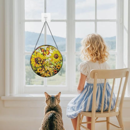 Suncatcher Stained Glass Window Hanging - Sunflower Glass Panel with Metal Chain and Hooks Handmade Sun Catcher Decoration for Window Garden Home Christmas & Birthday Gifts (6.3 Inch)