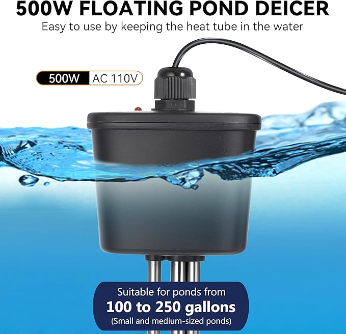 Saillong Pond Heater, Floating Deicer Heater for Outdoor Ponds, Koi Fish Warmer with Temperature Control and Power Indicator(500W, for Ponds from 100 to 250 gal)