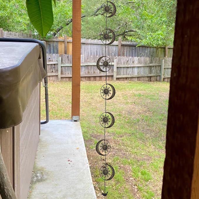 Decorative Sun and Moon Rain Chain, 8.5Ft Metal Rain Chimes for Gutters, Vintage Rotational Sun Rain Chain Downspouts, Functional Replacement Gutter Chains for Outside, Garden Rain Catcher Chain