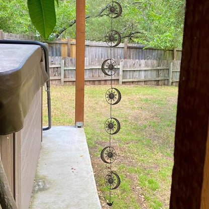 Decorative Sun and Moon Rain Chain, 8.5Ft Metal Rain Chimes for Gutters, Vintage Rotational Sun Rain Chain Downspouts, Functional Replacement Gutter Chains for Outside, Garden Rain Catcher Chain