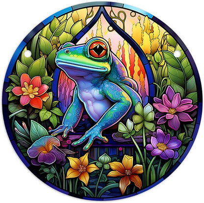 Stained Glass Window Hanging, Green Frog Flower Sun Catchers Colorful Glass Panel Cute Suncatcher Decor for Birthday for Women, Men, Wife, Aunt, and Mom 5.9x5.9 in