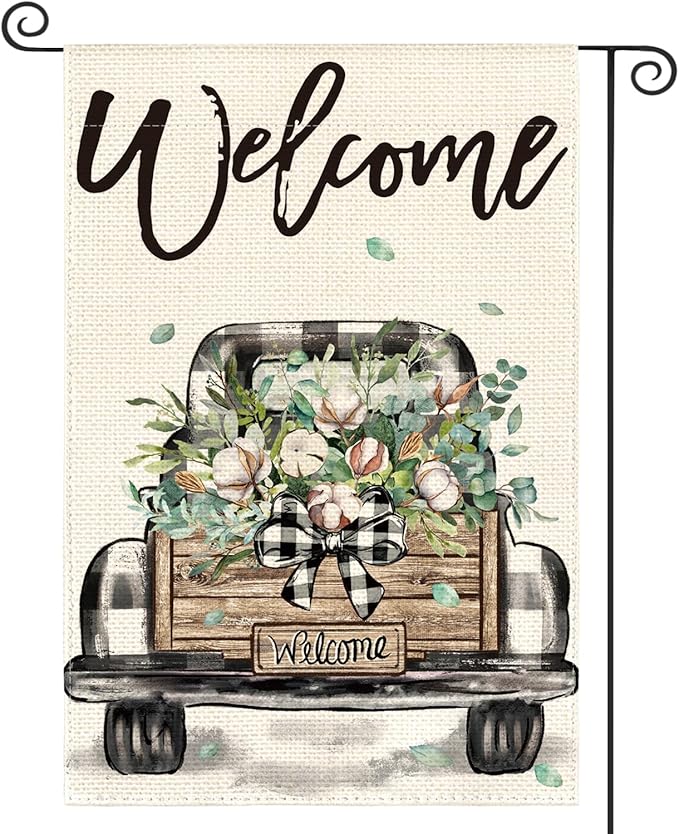 AVOIN colorlife Welcome Spring Truck Garden Flag 12x18 Inch Double Sided, Cotton Rustic Buffalo Plaid Yard Outdoor Flag