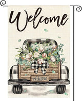 AVOIN colorlife Welcome Spring Truck Garden Flag 12x18 Inch Double Sided, Cotton Rustic Buffalo Plaid Yard Outdoor Flag