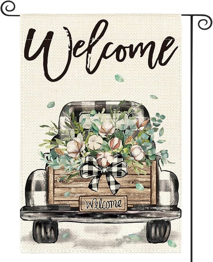 AVOIN colorlife Welcome Spring Truck Garden Flag 12x18 Inch Double Sided, Cotton Rustic Buffalo Plaid Yard Outdoor Flag