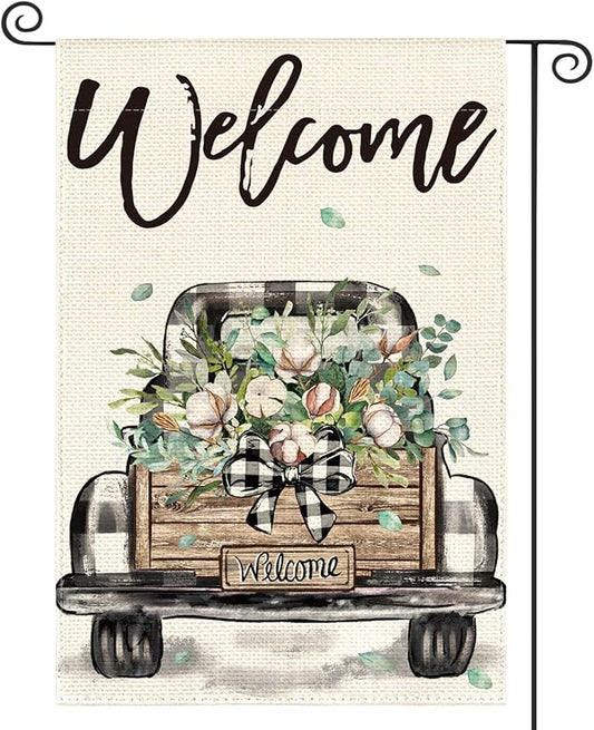 AVOIN colorlife Welcome Spring Truck Garden Flag 12x18 Inch Double Sided, Cotton Rustic Buffalo Plaid Yard Outdoor Flag