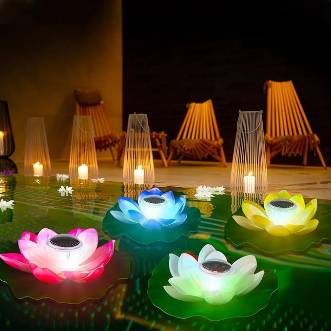 VIHOSE 4 Pcs 11 Inch Diwali Solar Pond Pool Light Floating Lotus Lamp Lily Pad Flower Pool Light Solar Floating for Pond Garden Decoration