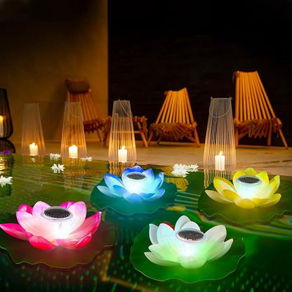 VIHOSE 4 Pcs 11 Inch Diwali Solar Pond Pool Light Floating Lotus Lamp Lily Pad Flower Pool Light Solar Floating for Pond Garden Decoration