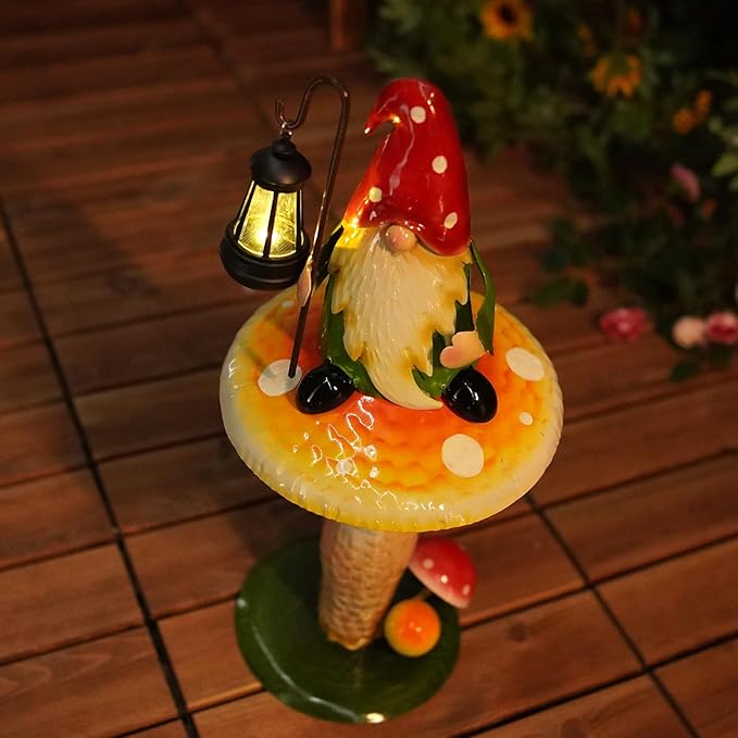 Solar Garden Gnomes Outdoor Statue, Waterproof Outdoor Mushroom Decor with Solar Lantern LED Lights for Yard, Patio, Lawn Ornaments, Valentines Day Gifts for Mom Women, Housewarming Gifts-16.5"