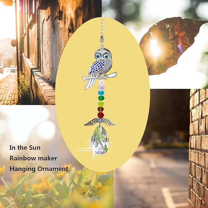 Hanging Crystal Charm Owl Suncatcher for Window and Home Decor,Blue Evil Eye Protection and Good Luck Car Charm Pendant (Owl)