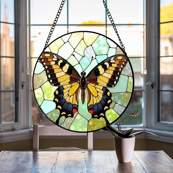 Butterfly Sun Catchers Indoor Window - 8 Inch Stained Glass Window Hanging - Stained Glass Suncatcher - Suncatchers for Windows Hanging - Decoration for Home Garden Mother's Day Birthday Gifts for Mom