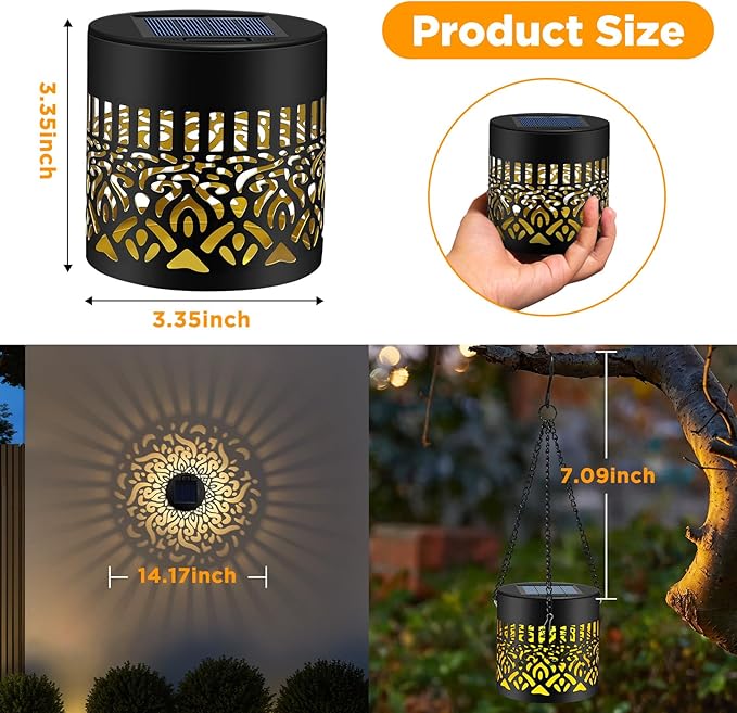 Forlivese 4 Pack Solar Powered Fence Lights, Metal Mandala Solar Lights Outdoor, LED Hanging Solar Lanterns Garden Decor for Yard, Porch, Backyard, Gifts for Mother Grandma, Warm White