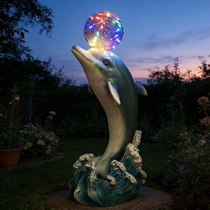 Solar Statue Outdoor,Dolphin Statue with Solar Globe Lights - Ideal Gifts for Dad, Mom or Birthdays, Beautifully Crafted Outdoor Garden Decorations to Wow Your Guests (Dolphin)