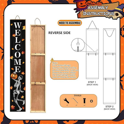Funny Skull Porch Sign Halloween Skeleton Welcome Sign for Patio, Fall Decorations Wooden Front Door Signs Outdoor Pumpkin Standing Yard Sign Seasonal Vertical Signs for Holiday Wall Party Decor