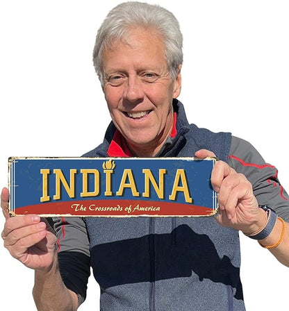 SmartSign 4 x 14 inch Indiana State Vintage Metal Sign “Crossroads Of America”, 40 mil Rustproof Aluminum with Clear Overcoat, Retro Wall Décor, Multicolor, Made in USA