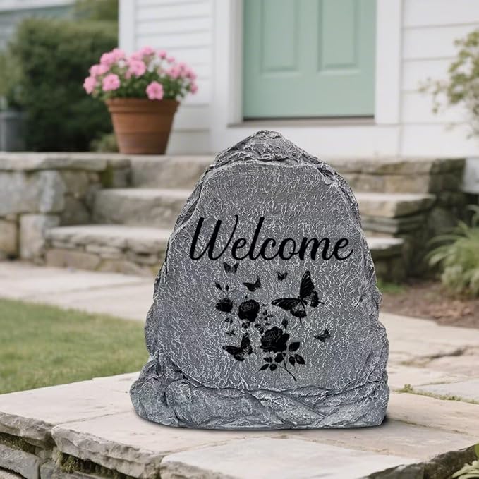 Garden Stone Sculpture with Roses and Butterflies, Solar Resin Outdoor Sculpture, Suitable As A Grave Decoration for Gardens, Lawns, Cemeteries, Memorial Gifts, Home Decoration