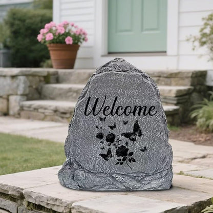 Garden Stone Sculpture with Roses and Butterflies, Solar Resin Outdoor Sculpture, Suitable As A Grave Decoration for Gardens, Lawns, Cemeteries, Memorial Gifts, Home Decoration