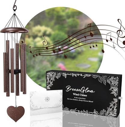 32" Memorial Wind Chimes Deep Tone Outdoor, C Major Tuned Aluminum Wind Chime with Gift Box & Envelope, Sympathy Wind Chime for Garden Decor Hanging, Heart Pendant, Bronze