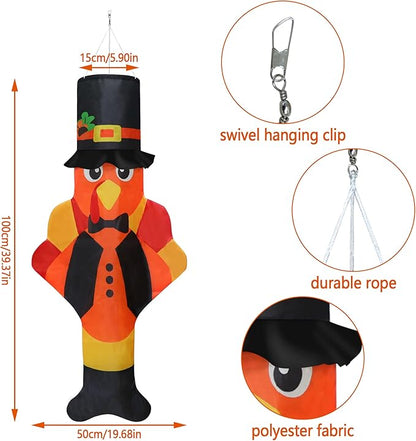 2PCS Thanksgiving Turkey Windsocks, Fall Thanksgiving Outdoor Hanging Windsocks for Tree Lawn Patio Garden Yard Decor, Fade Resistant Outdoor Wind Sock Flag for Fall Party Festival Decorations
