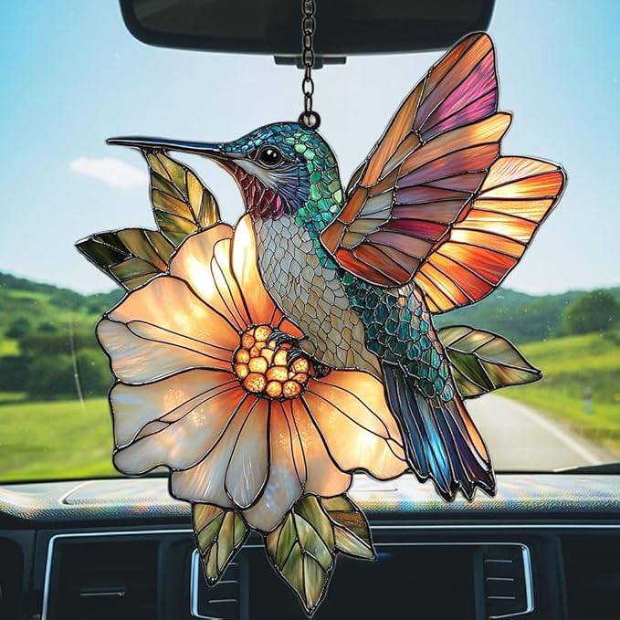 Hummingbird Mosaic Style Acrylic Suncatcher Stained Glass Effect Window Car Hanging Christmas Ornament Indoor Outdoor Decor Garden Sun Catcher Panel for Hummingbird Lover for Women Mom Grandma