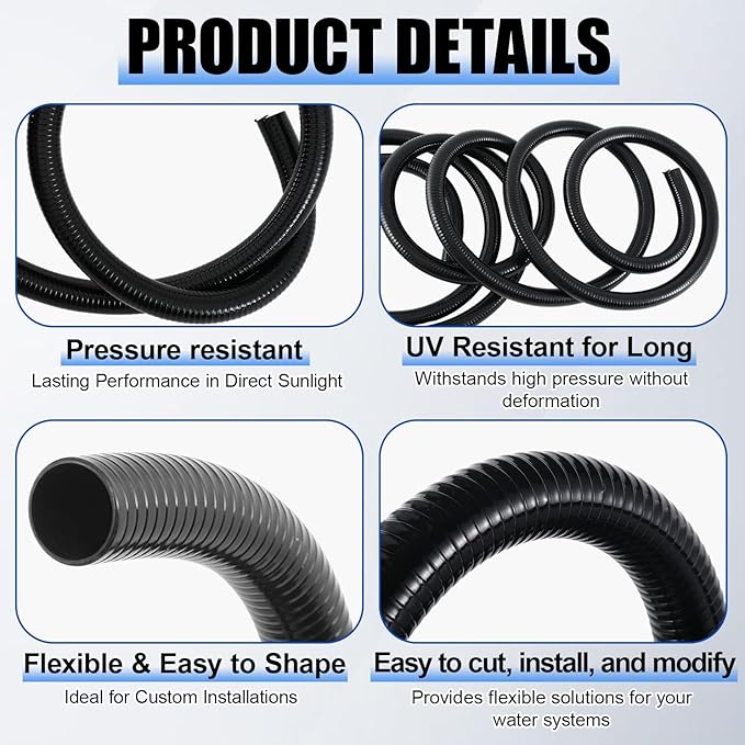 1.5" Dia Pond Pump Tubing, 25 ft x 1-1/2" Non Kink Flexible PVC Pipe, for Irrigation Koi Ponds Waterfall, Gardens Hose, Schedule 40 Reinforced Vinyl, UV Crush Resistant, Black
