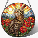 Stained Glass Suncatcher Window Hanging, 7.8 Inch Handmade Sunflower Garden suncatchers, Suncatcher Home Decor,Gift for Women, Mom, Grandma (Cat)