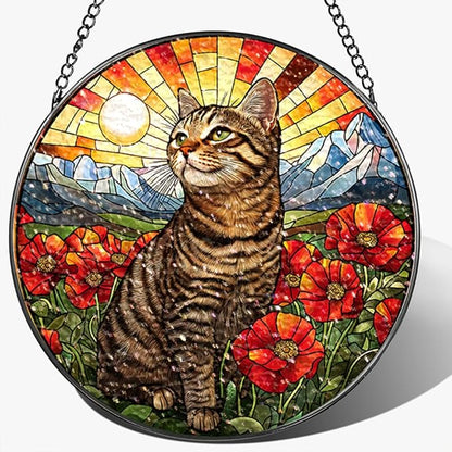 Stained Glass Suncatcher Window Hanging, 7.8 Inch Handmade Sunflower Garden suncatchers, Suncatcher Home Decor,Gift for Women, Mom, Grandma (Cat)