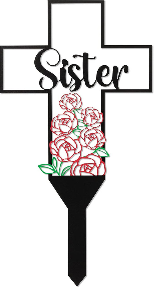 BUoonyer Sister Memorial Graves Markers Cemetery Decorations, Metal Cross Stakes Grave Stones Cemetery Headstones Decor, Girls Graveyard Remembrance Graveside Sign for Garden Outdoor Outside Yard