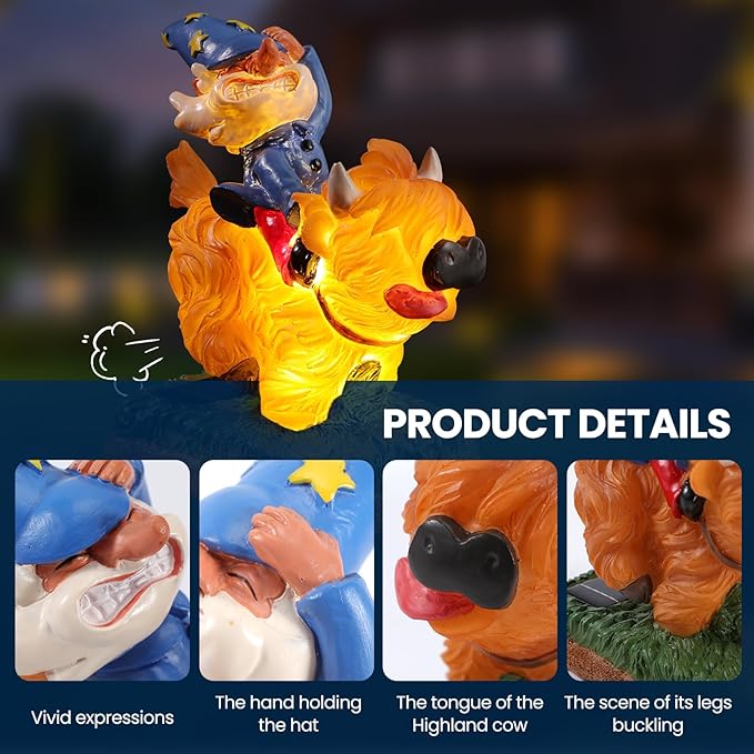 Garden Gnome Statue - Garden Gnome Riding Highland Cow - 6.7 Inch Tall Lawn Figurine - for Outdoor or House Decor - Funny Yard & Patio Decoration
