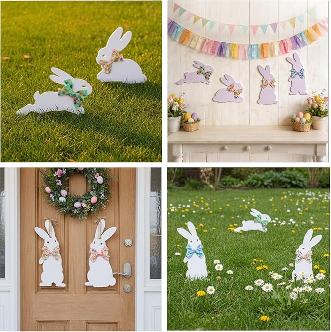4PCS Easter Bunny Yard Decorations,Waterproof PVC Bunny Signs with Metal Stakes & Colorful Egg Bows for Outdoor Spring Garden and Lawn Decor