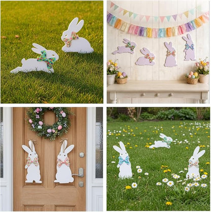 4PCS Easter Bunny Yard Decorations,Waterproof PVC Bunny Signs with Metal Stakes & Colorful Egg Bows for Outdoor Spring Garden and Lawn Decor