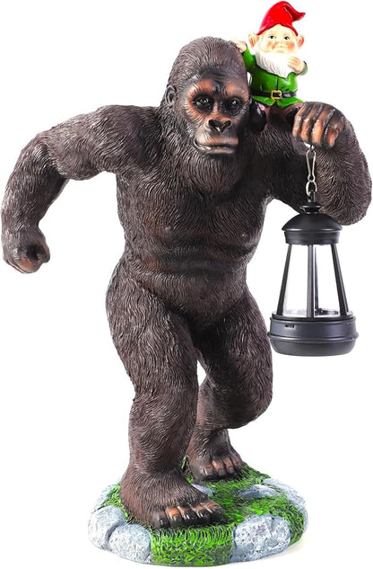 16 Inch Solar Bigfoot Garden Statue with Gnome & Lantern, Large Resin Sasquatch Yard Outdoor Decor, Funny Bigfoot Gifts for Husband, Dad & Grandpa (Large)