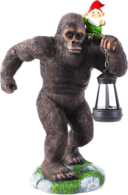 16 Inch Solar Bigfoot Garden Statue with Gnome & Lantern, Large Resin Sasquatch Yard Outdoor Decor, Funny Bigfoot Gifts for Husband, Dad & Grandpa (Large)