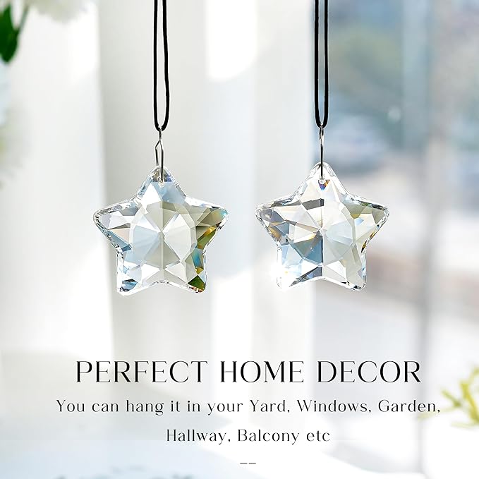 H&D HYALINE & DORA 2 Pcs 2" Crystal Sun Catcher Prisms for Windows Star Chandelier Crystals Clear Hanging Crystals for Patio,Chandelier,Garden Decoration