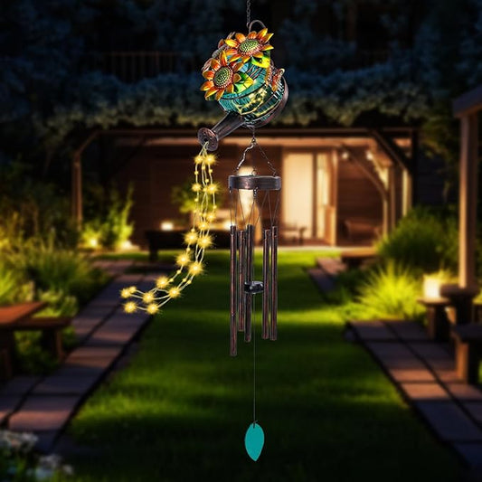 MUMTOP Solar Wind Chimes for Outside - Solar Watering Can Wind Chimes Outdoor Unique with String Warm Light, Glass Windchimes Clearance for Garden, Patio,Yard Decor Gift