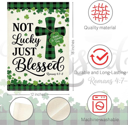 St Patricks Day Irish Blessed Garden Flag Christian Cross Lucky Shamrock Irish March Garden Flag Happy St Patricks Day Double Sided Outdoor House Flag for Outside Yard Decorations 12×18 Inch