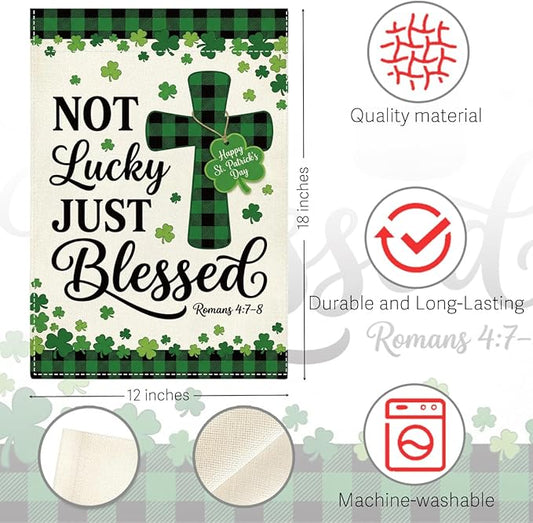 St Patricks Day Irish Blessed Garden Flag Christian Cross Lucky Shamrock Irish March Garden Flag Happy St Patricks Day Double Sided Outdoor House Flag for Outside Yard Decorations 12×18 Inch