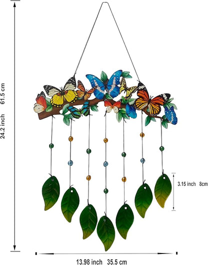 Butterfly Wind Chimes Outdoor - Colorful Metal & Glass Leaves Hanging Decor for Garden, Yard, Porch