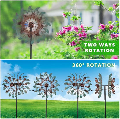 DREAMSOUL 13" Dia Vintage Wind Spinners Outdoor 360° Rotation Wind Spinner with 5 Prongs Stake, Metal Kinetic Windmill for Yard Garden Decor